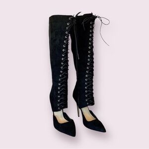 Kardashian Kollection Knee High Faux Suede Lace Up Boots Open Foot Stilettos 7.5